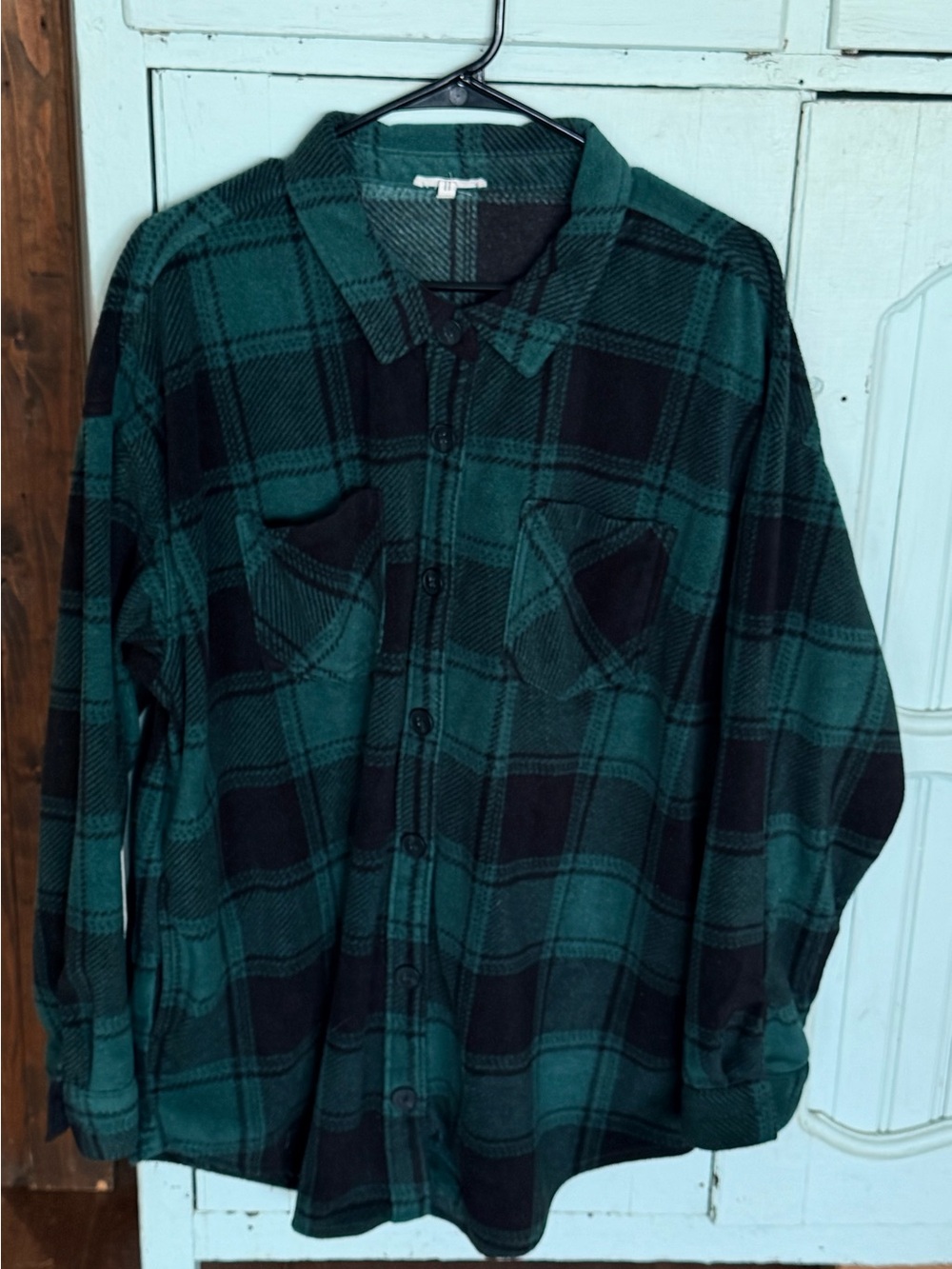 Maurices Hunter Green and Black Plaid Soft Fleece Shirt Shacket Side Pockets